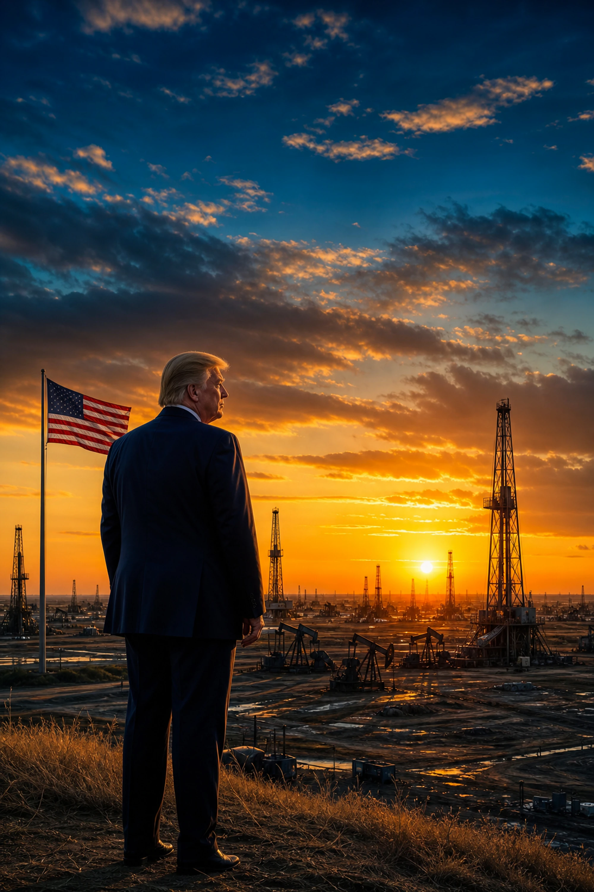 Donald Trump looking out over oil rigs at sunset with an American flag